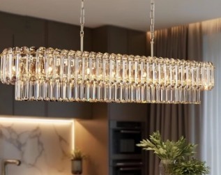 Commercial Kitchen Island - โคมไฟระย้าคริสตัลสีทอง โคมไฟตั้งโต๊ะรับประทานอาหาร รูปทรงสี่เหลี่ยมผืนผ้าขนาดใหญ่ โคมไฟห้อยเพดานสุดหรูสำหรับห้องครัว ห้องโถงทางเข้า ห้องนั่งเล่น