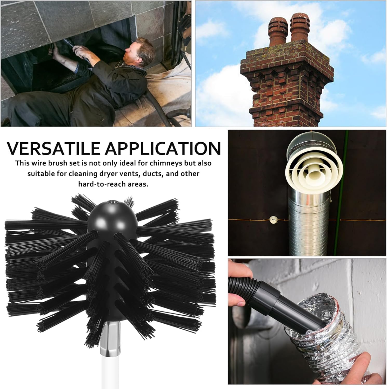 Commercial Kitchen Ventilation - ชุดแปรงทำความสะอาดปล่องไฟแบบยืดหยุ่นพร้อมหัวแปรงขนาด 4 นิ้ว และก้านยืดหยุ่นสำหรับทำความสะอาดท่ออากาศ ช่องระบายอากาศ และการทำความสะอาดในครัว